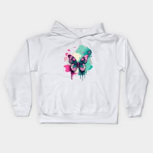 White Pink And Green Butterfly On Splash Background Kids Hoodie